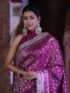 Banarasee Handloom Mashru Silk Saree With Heavy Zari Jaal & Lace Border-Magenta