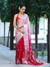 Banarasee Handwoven Semi-Chiffon Hand Dyed Saree With Zari Work-Red & White