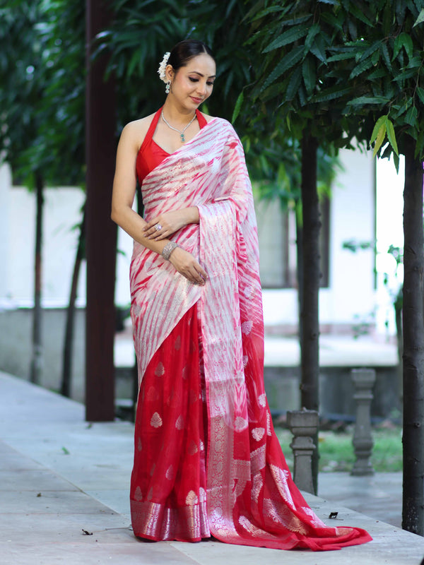 Banarasee Handwoven Semi-Chiffon Hand Dyed Saree With Zari Work-Red & White