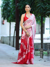 Banarasee Handwoven Semi-Chiffon Hand Dyed Saree With Zari Work-Red & White