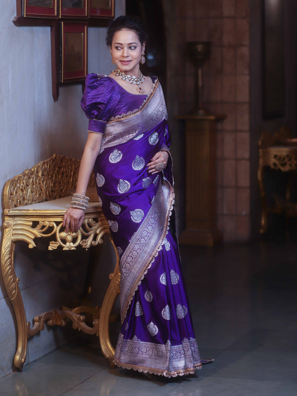 Banarasee Handloom Mashru Silk Saree Zari Buta & Border With Lace-Violet
