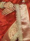Banarasee Handwoven Plain Tissue Saree With Zari Border & Lace-Orange