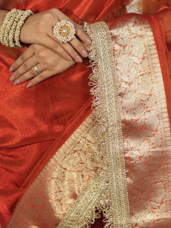 Banarasee Handwoven Plain Tissue Saree With Zari Border & Lace-Orange