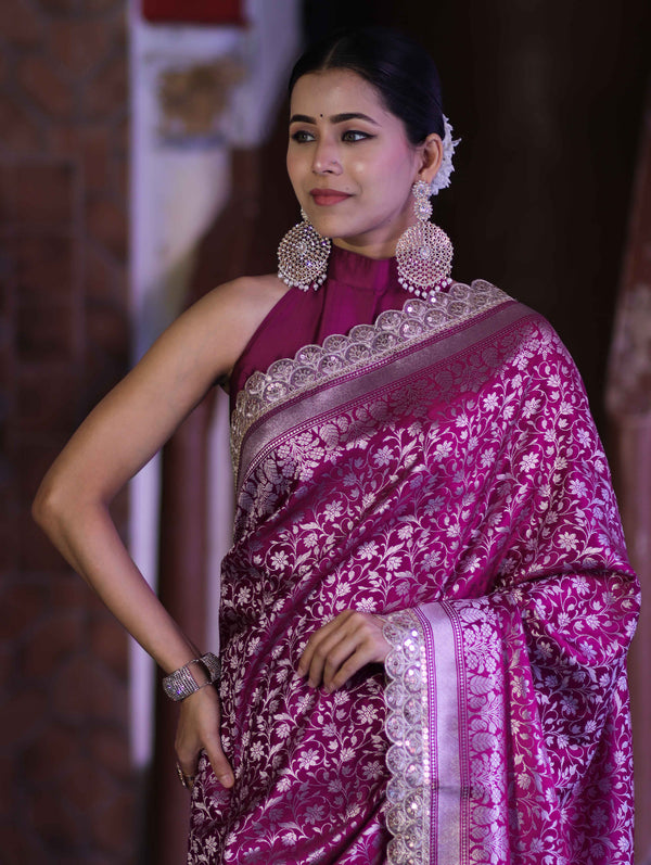 Banarasee Handloom Mashru Silk Saree With Heavy Zari Jaal & Lace Border-Magenta