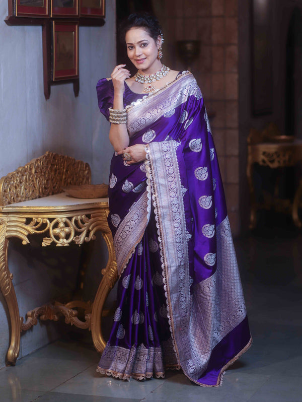 Banarasee Handloom Mashru Silk Saree Zari Buta & Border With Lace-Violet