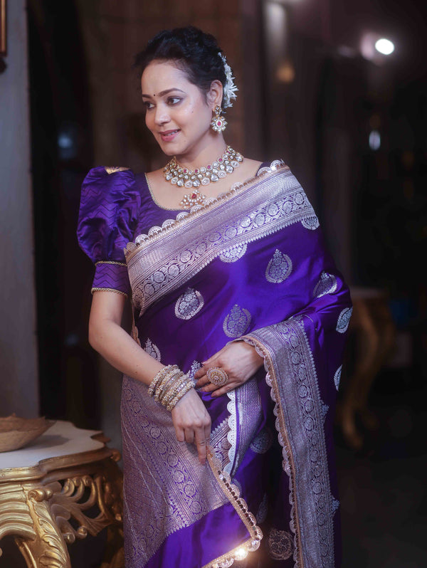 Banarasee Handloom Mashru Silk Saree Zari Buta & Border With Lace-Violet