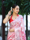 Banarasee Handwoven Semi-Chiffon Hand Dyed Saree With Zari Work-Red & White