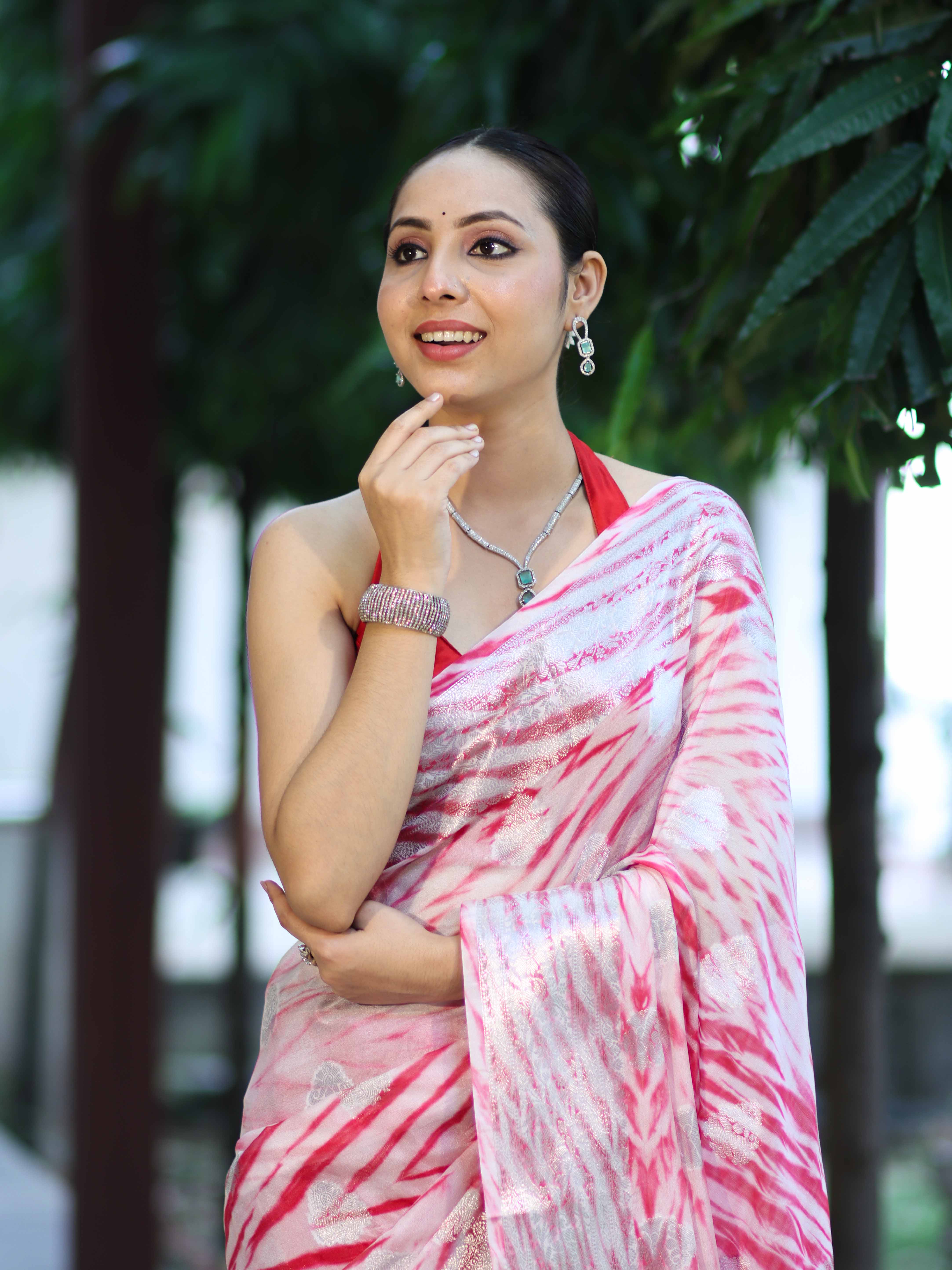 Banarasee Handwoven Semi-Chiffon Hand Dyed Saree With Zari Work-Red & White