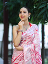 Banarasee Handwoven Semi-Chiffon Hand Dyed Saree With Zari Work-Red & White