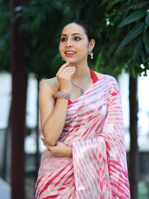 Banarasee Handwoven Semi-Chiffon Hand Dyed Saree With Zari Work-Red & White