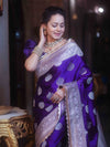Banarasee Handloom Mashru Silk Saree Zari Buta & Border With Lace-Violet