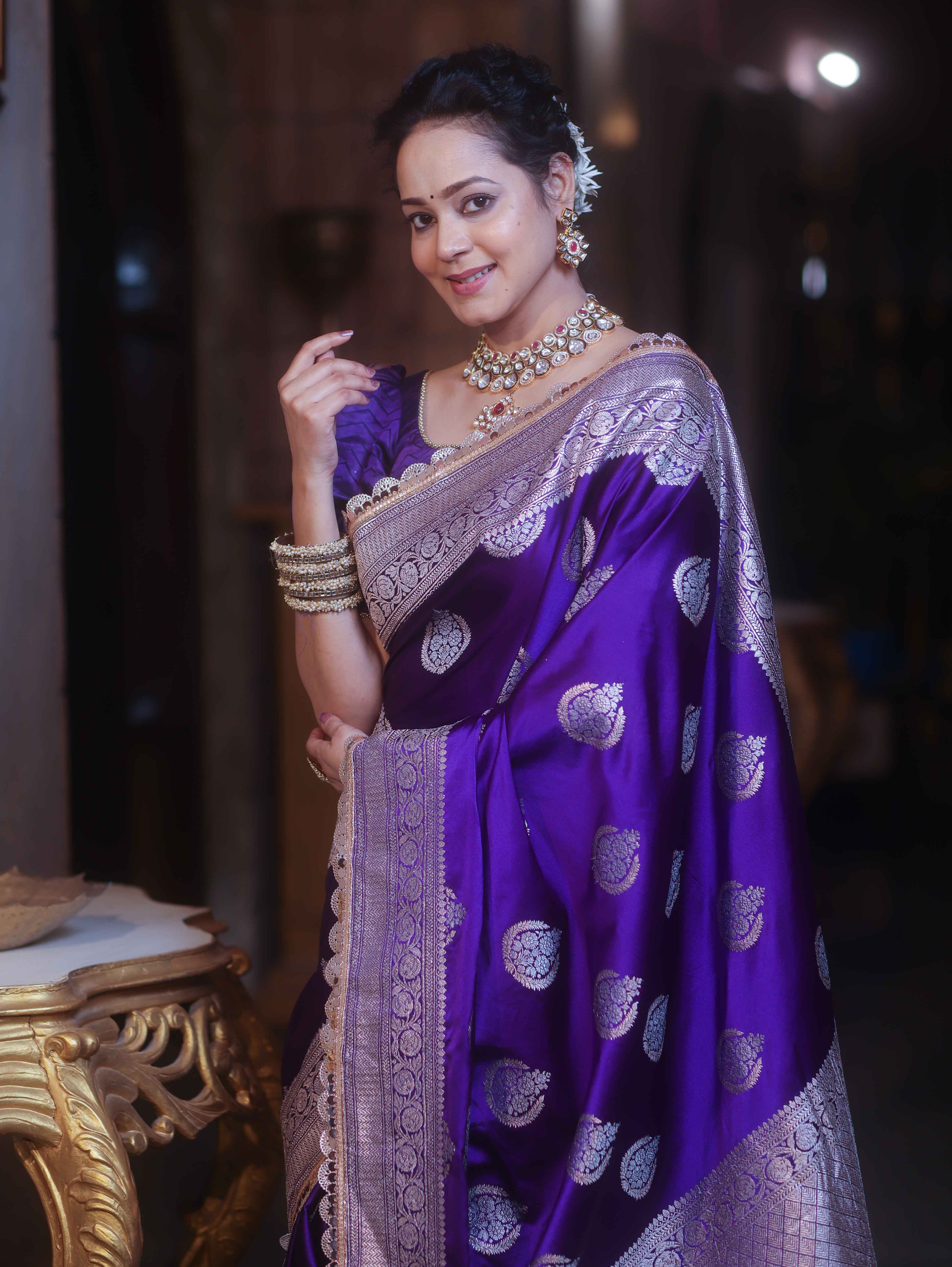 Banarasee Handloom Mashru Silk Saree Zari Buta & Border With Lace-Violet