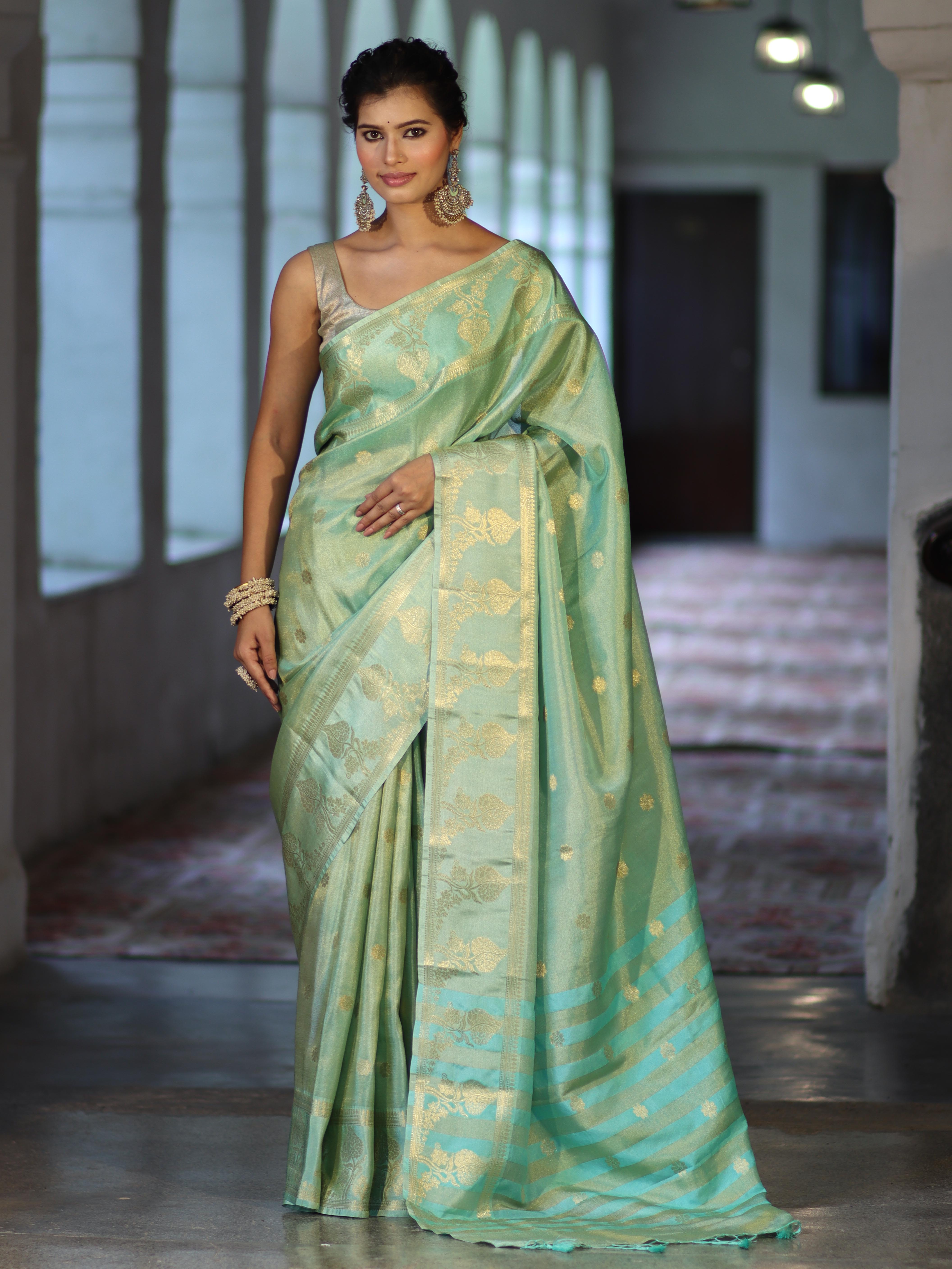 Banarasee Handwoven Soft Tissue Saree With Zari Border & Buti Design-Pastel Green