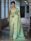 Banarasee Handwoven Soft Tissue Saree With Zari Border & Buti Design-Pastel Green