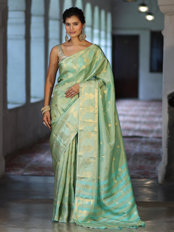 Banarasee Handwoven Soft Tissue Saree With Zari Border & Buti Design-Pastel Green