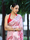 Banarasee Handwoven Semi-Chiffon Hand Dyed Saree With Zari Work-Red & White