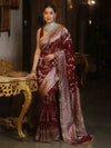 Banarasee Handwoven Semi Katan Saree With Hand Paint Zari Jaal Design & Lace-Maroon