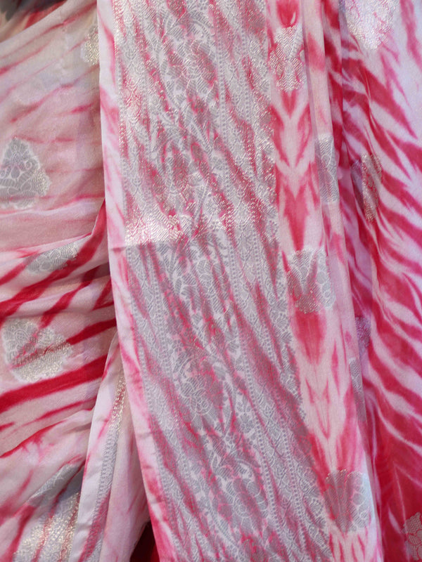 Banarasee Handwoven Semi-Chiffon Hand Dyed Saree With Zari Work-Red & White