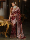 Banarasee Handwoven Semi Katan Saree With Hand Paint Zari Jaal Design & Lace-Maroon