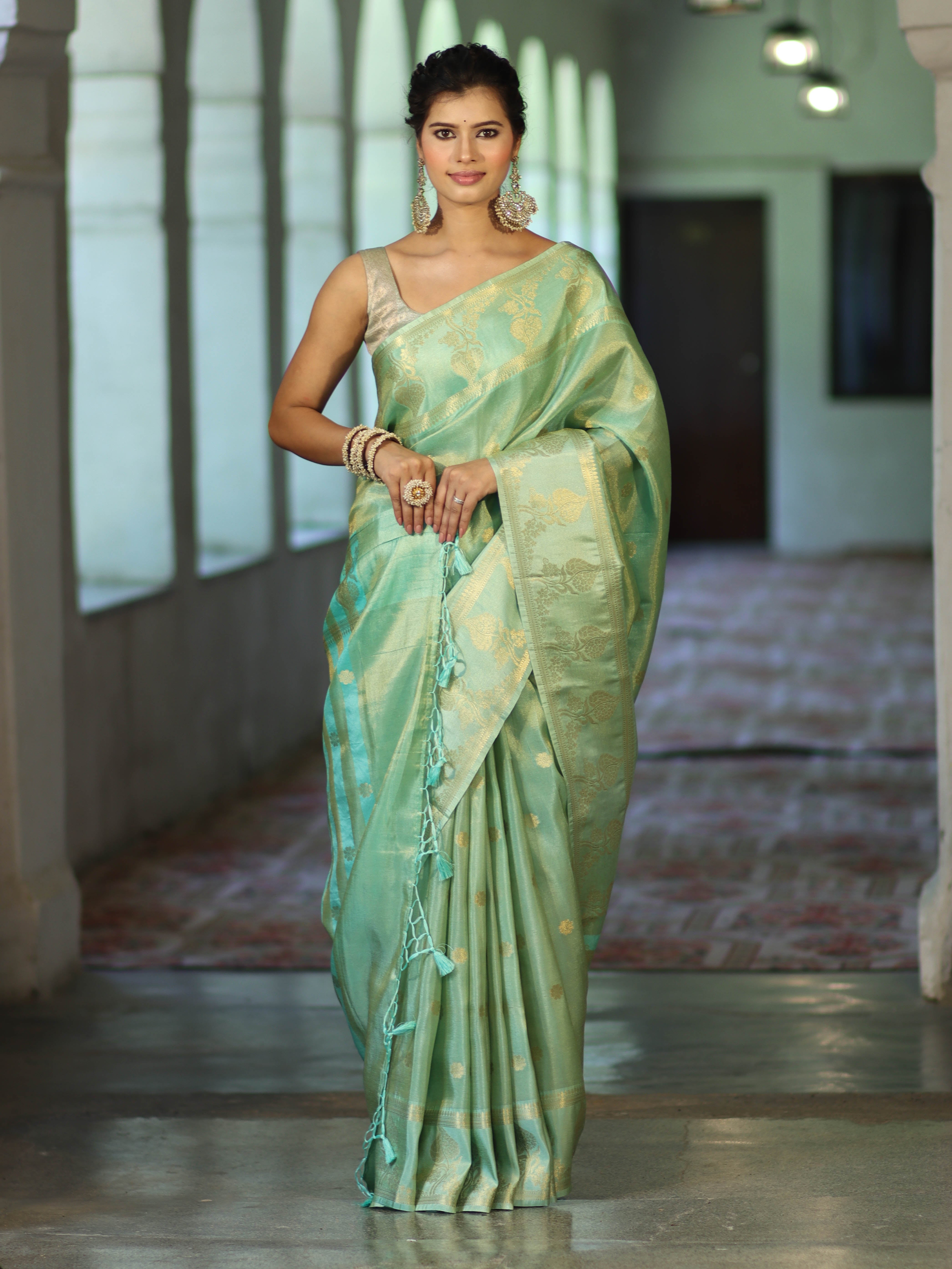 Banarasee Handwoven Soft Tissue Saree With Zari Border & Buti Design-Pastel Green