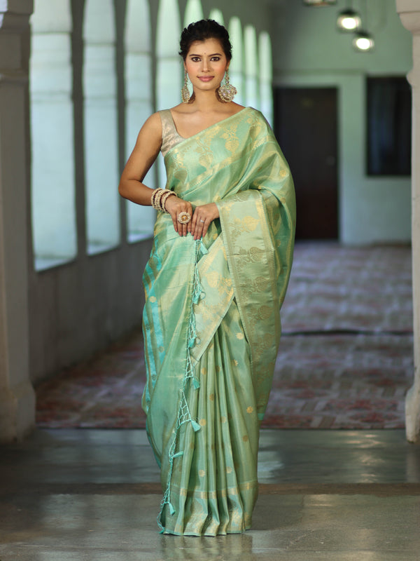 Banarasee Handwoven Soft Tissue Saree With Zari Border & Buti Design-Pastel Green