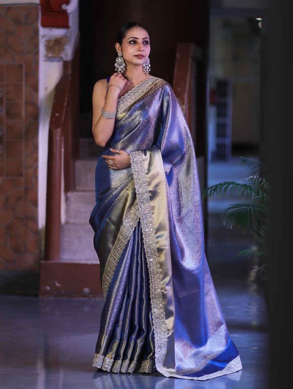 Banarasee Handloom Tissue Saree With Zari Woven Design & Contrast Lace Border-Blue