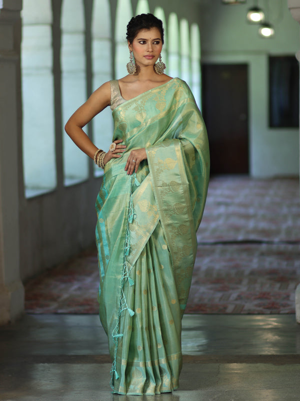 Banarasee Handwoven Soft Tissue Saree With Zari Border & Buti Design-Pastel Green