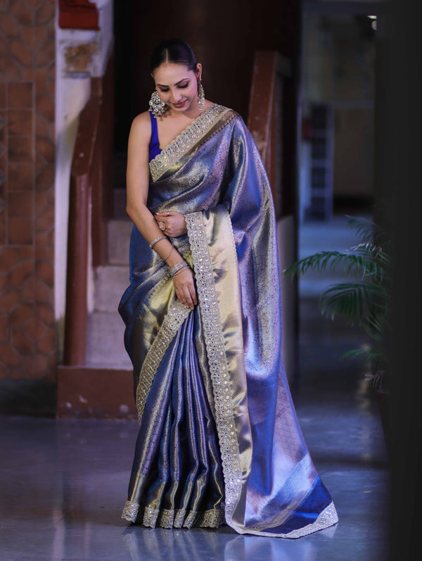 Banarasee Handloom Tissue Saree With Zari Woven Design & Contrast Lace Border-Blue