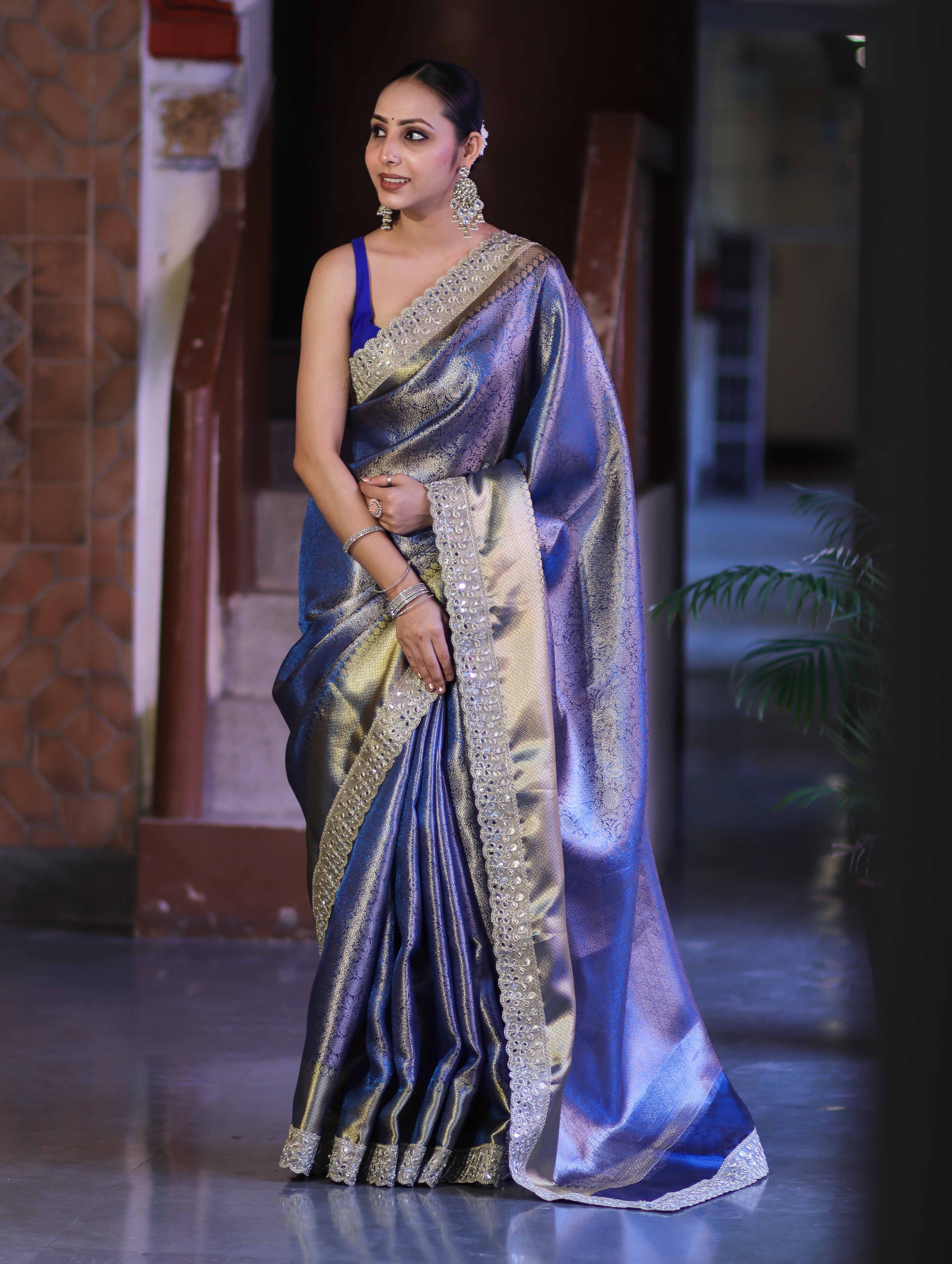 Banarasee Handloom Tissue Saree With Zari Woven Design & Contrast Lace Border-Blue
