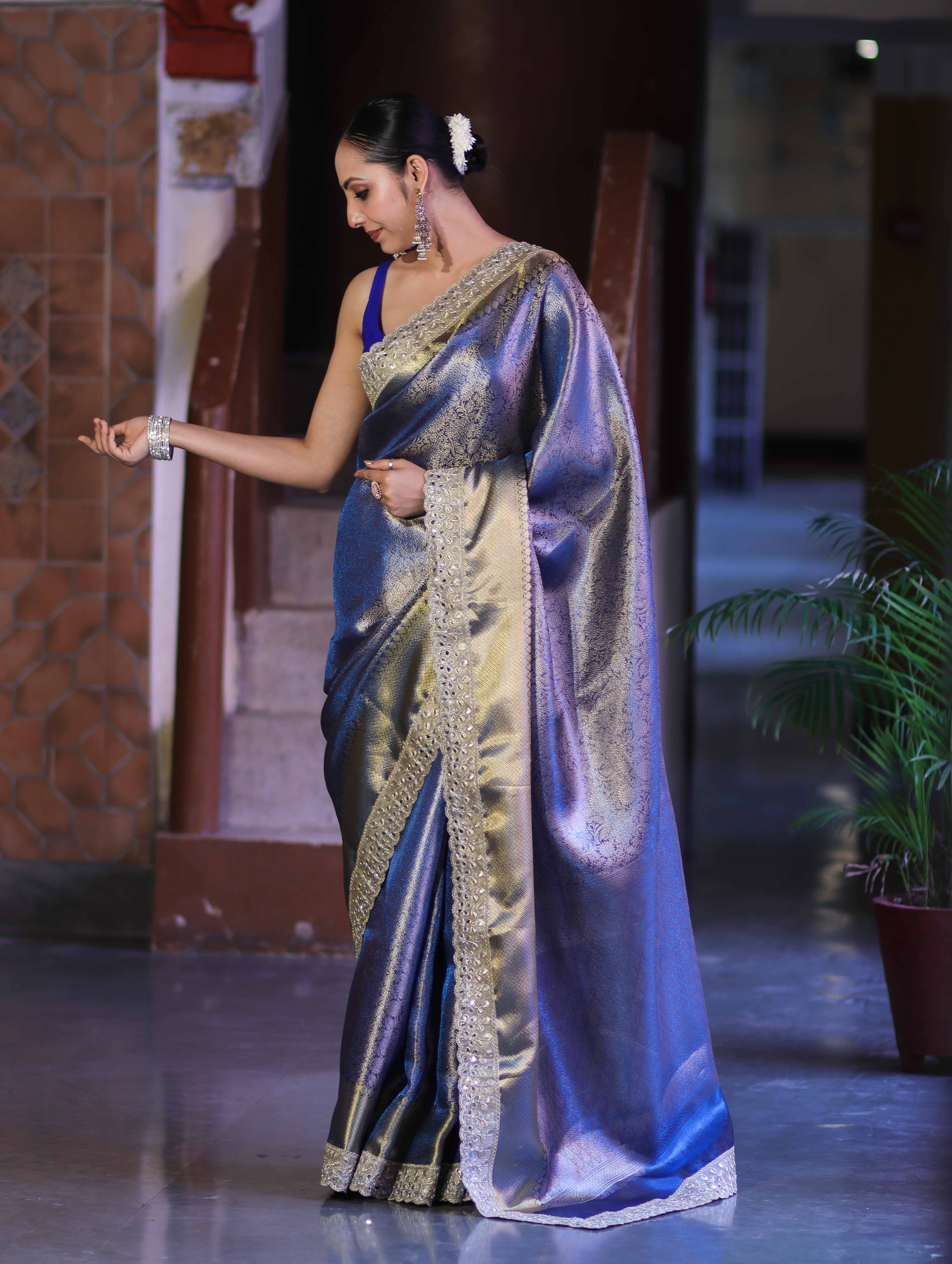 Banarasee Handloom Tissue Saree With Zari Woven Design & Contrast Lace Border-Blue