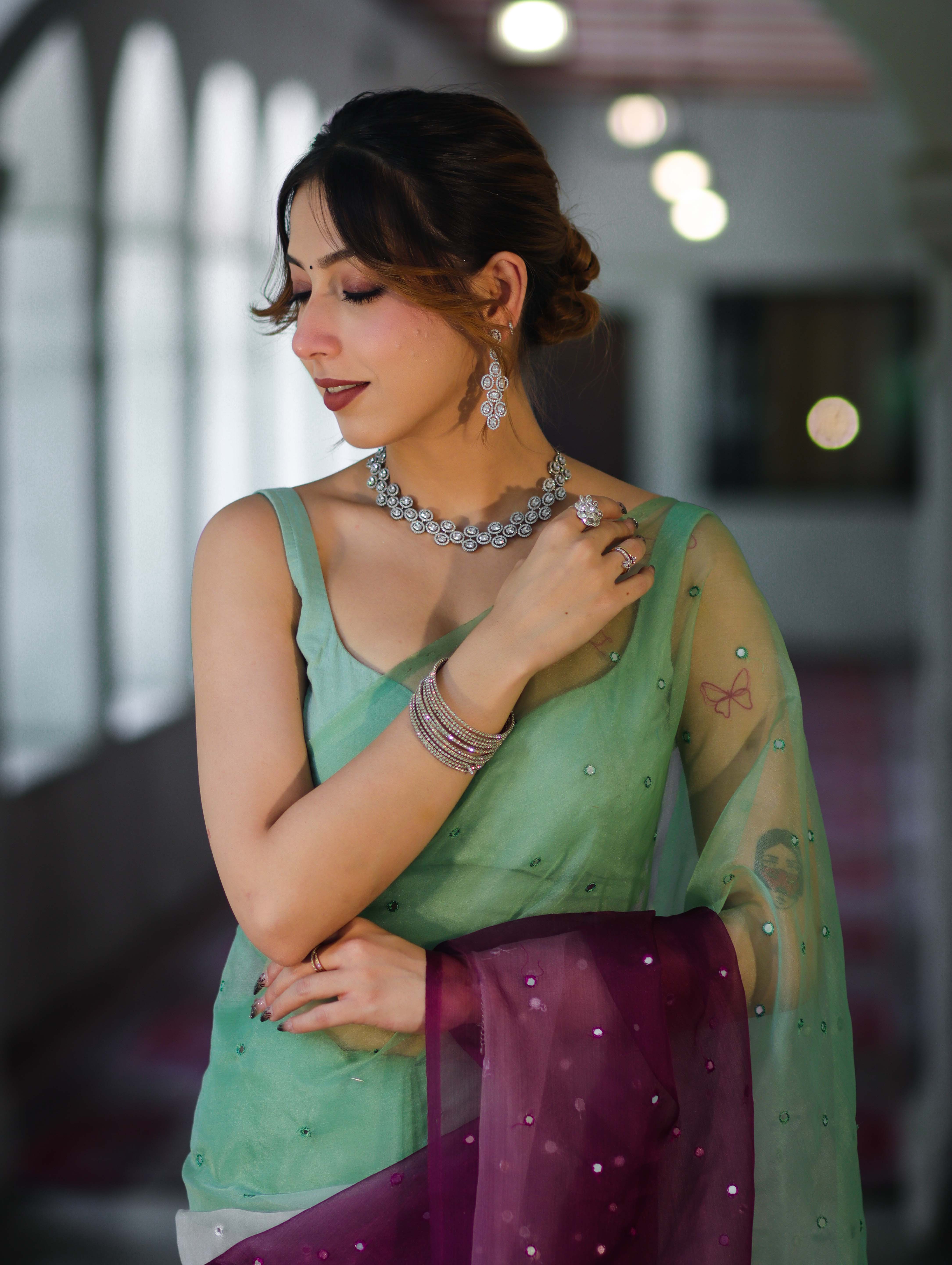Banarasee Handwoven Organza Mix Saree With Mirror Work-Multicolor