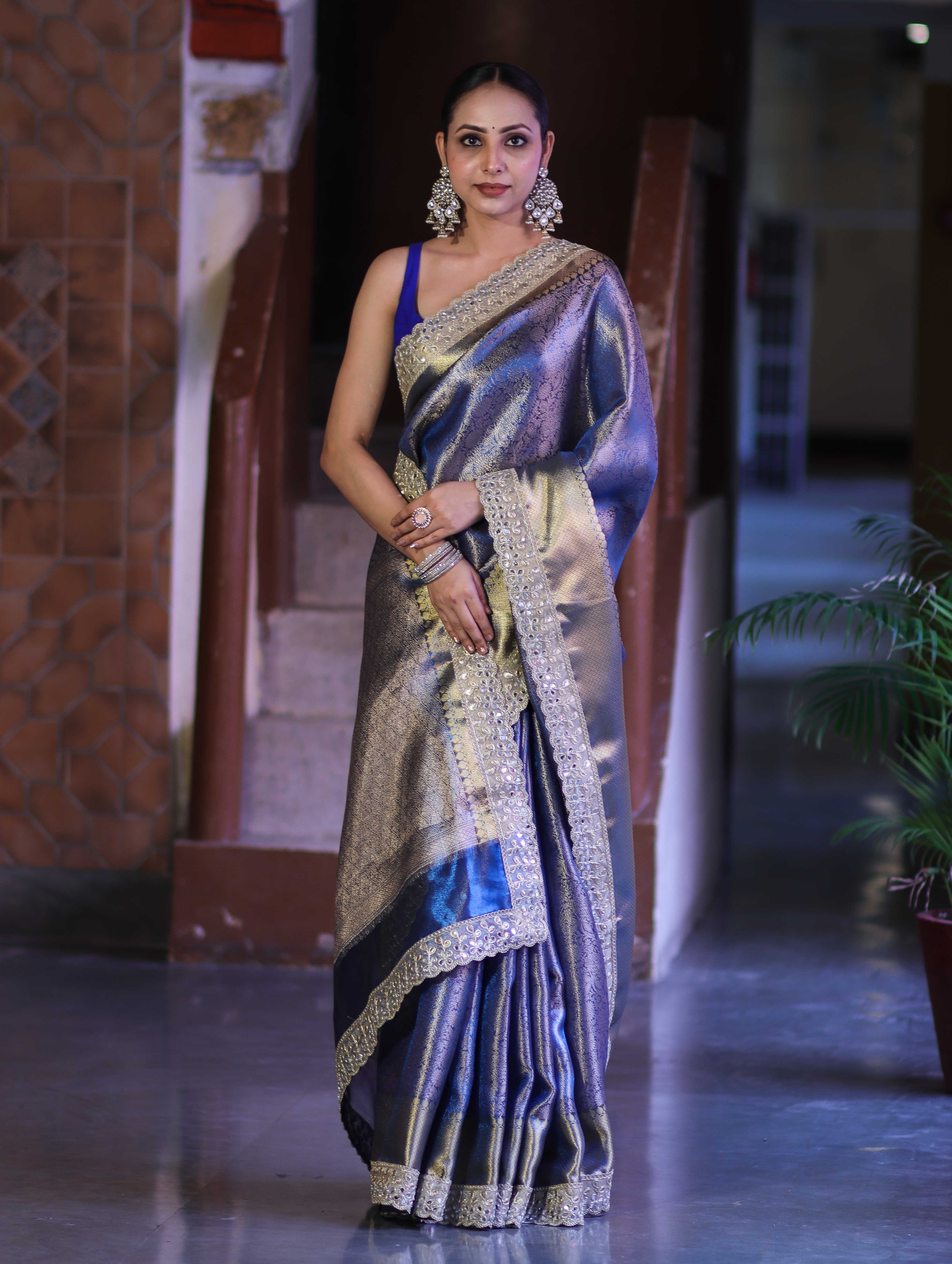 Banarasee Handloom Tissue Saree With Zari Woven Design & Contrast Lace Border-Blue