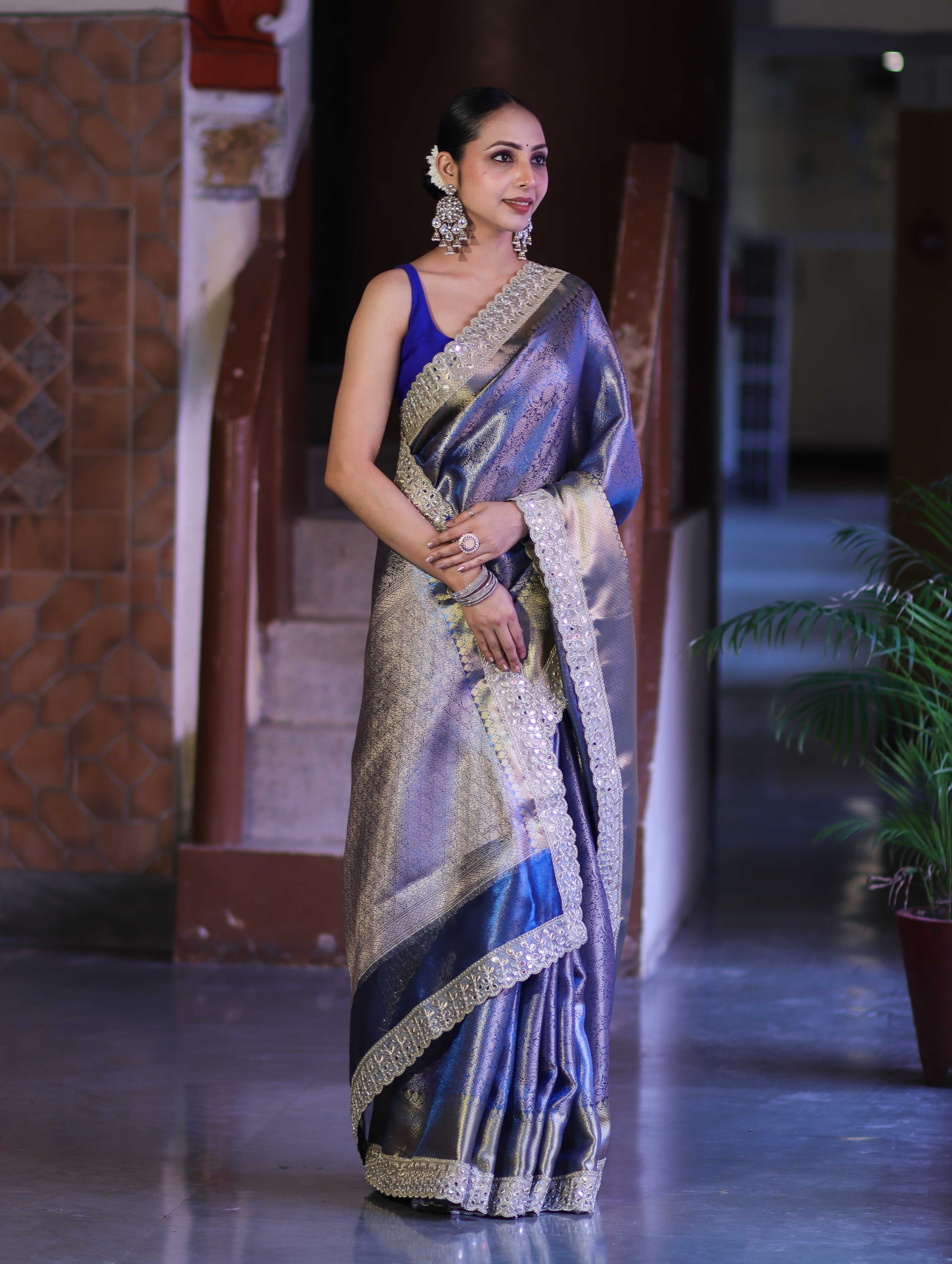 Banarasee Handloom Tissue Saree With Zari Woven Design & Contrast Lace Border-Blue