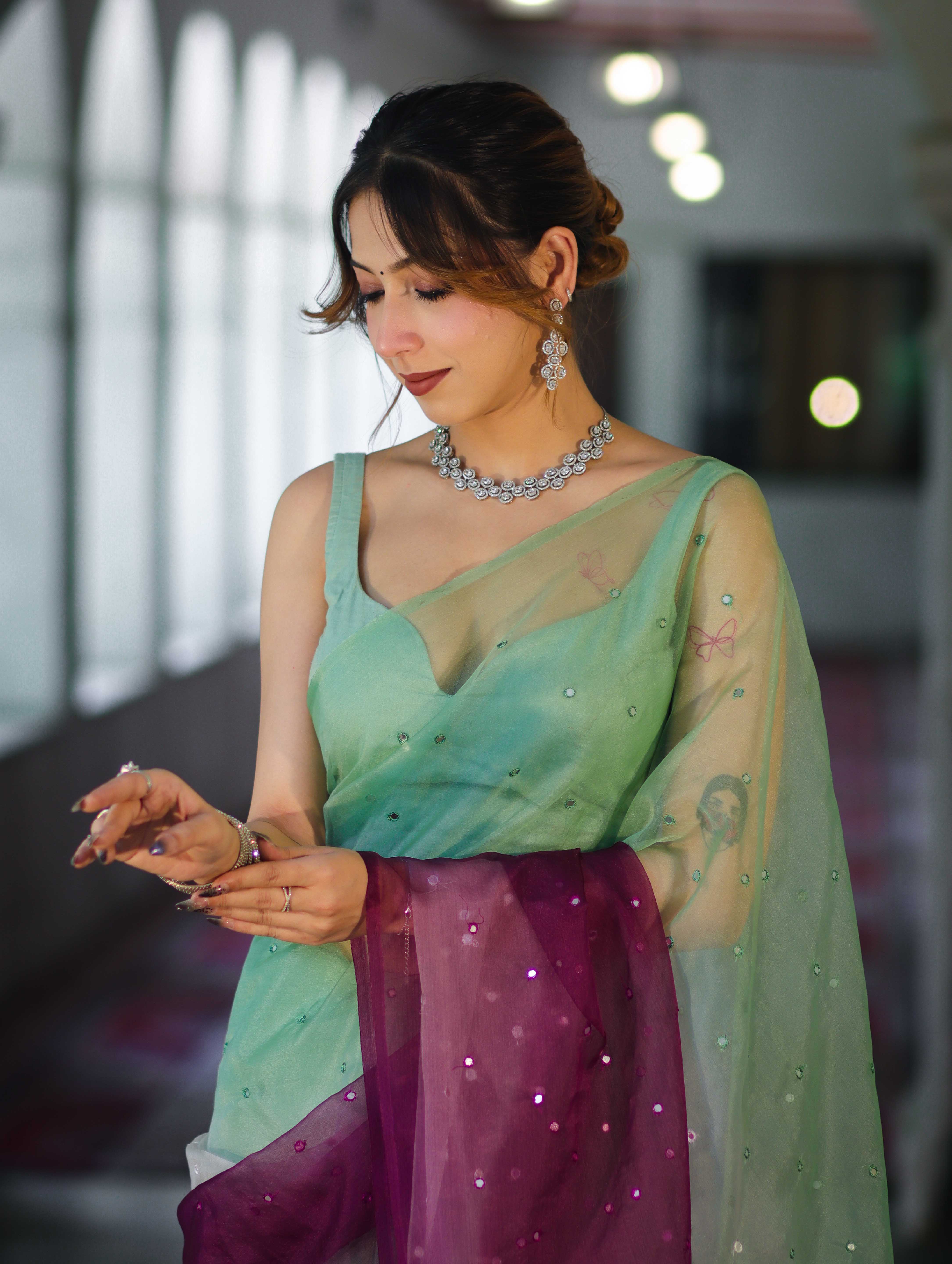 Banarasee Handwoven Organza Mix Saree With Mirror Work-Multicolor