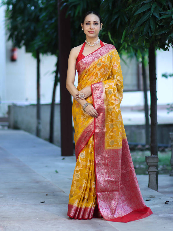 Banarasee Handwoven Georgette Saree With Meena Jaal Work & Contrast Border-Yellow & Red