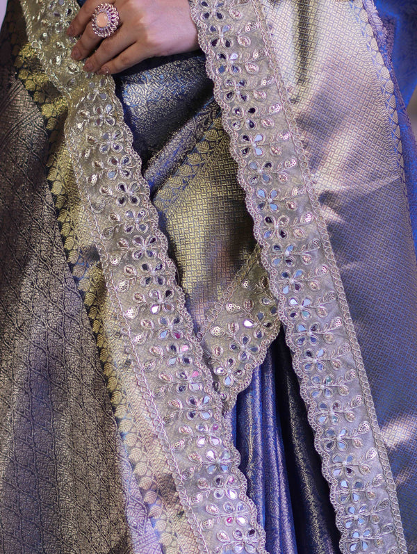 Banarasee Handloom Tissue Saree With Zari Woven Design & Contrast Lace Border-Blue