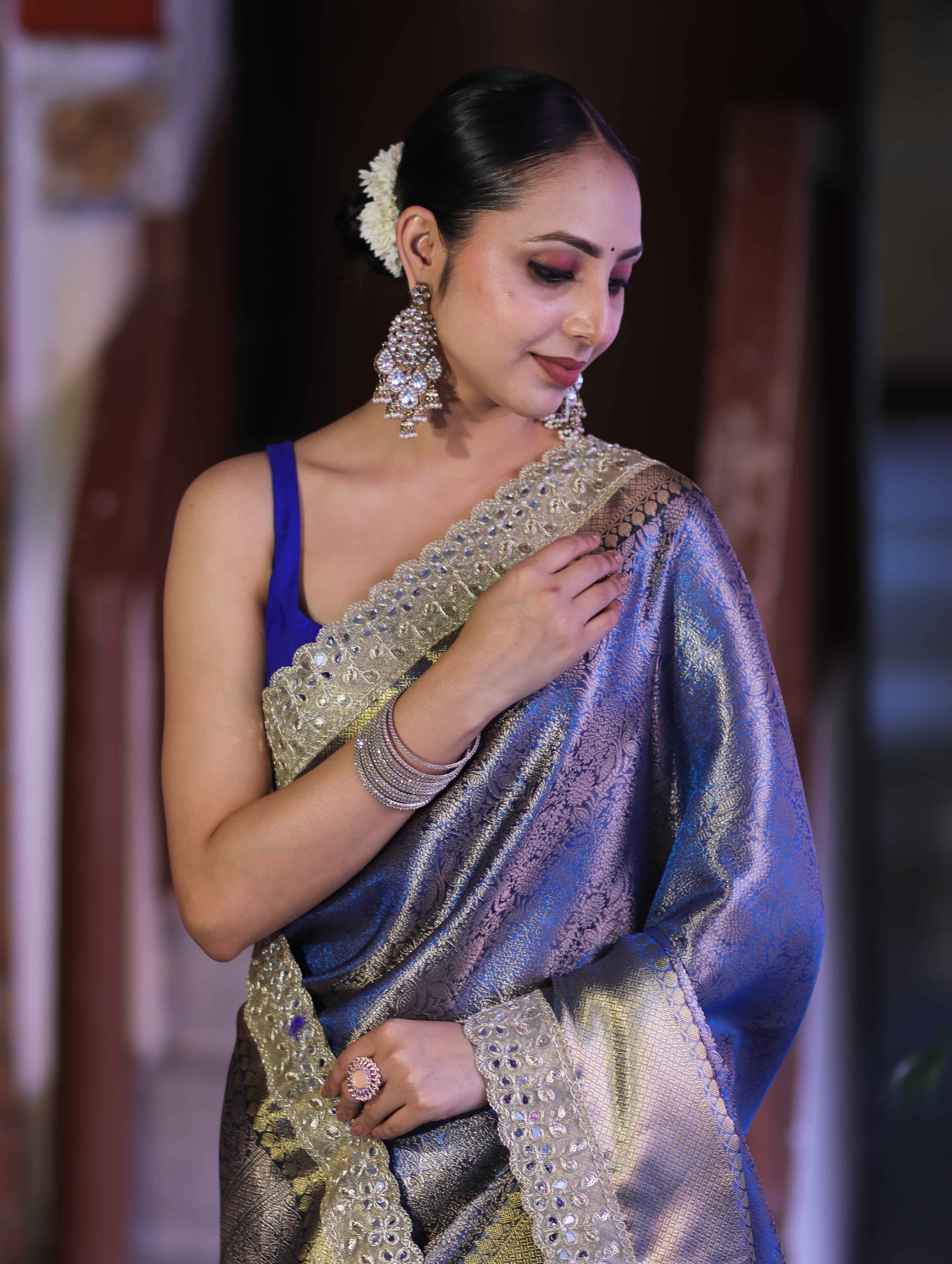 Banarasee Handloom Tissue Saree With Zari Woven Design & Contrast Lace Border-Blue