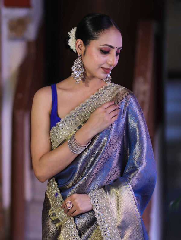 Banarasee Handloom Tissue Saree With Zari Woven Design & Contrast Lace Border-Blue