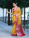 Banarasee Handwoven Georgette Saree With Meena Jaal Work & Contrast Border-Yellow & Red