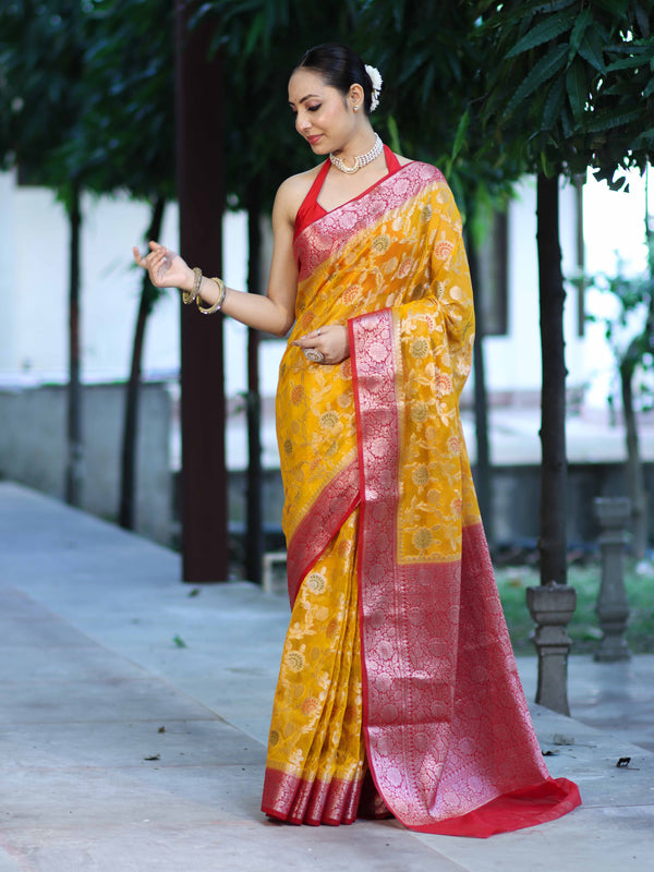 Banarasee Handwoven Georgette Saree With Meena Jaal Work & Contrast Border-Yellow & Red