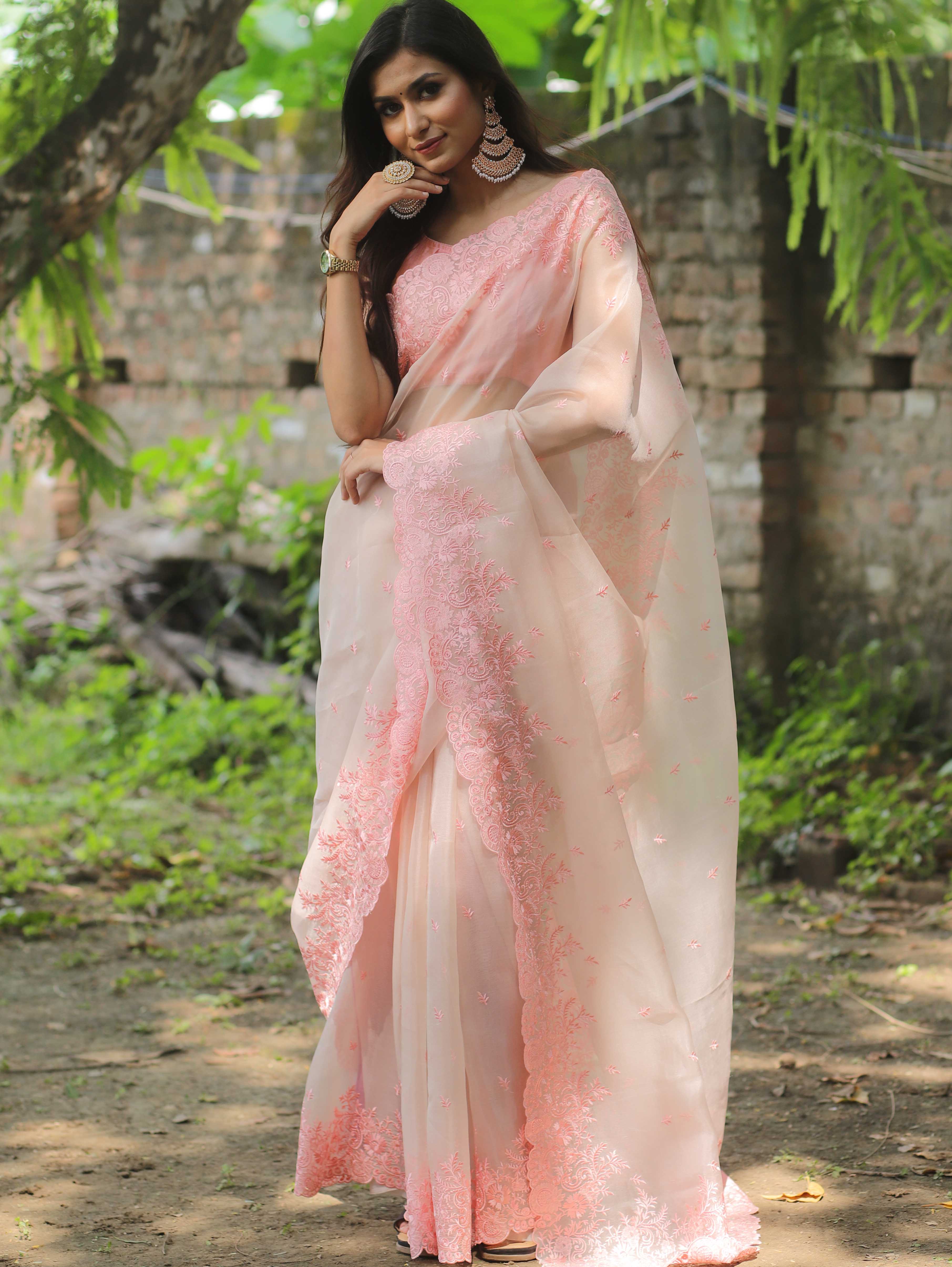 Banarasee Pure Organza Silk Saree With Floral Resham Embroidery-Peach