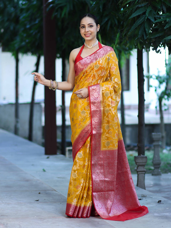 Banarasee Handwoven Georgette Saree With Meena Jaal Work & Contrast Border-Yellow & Red