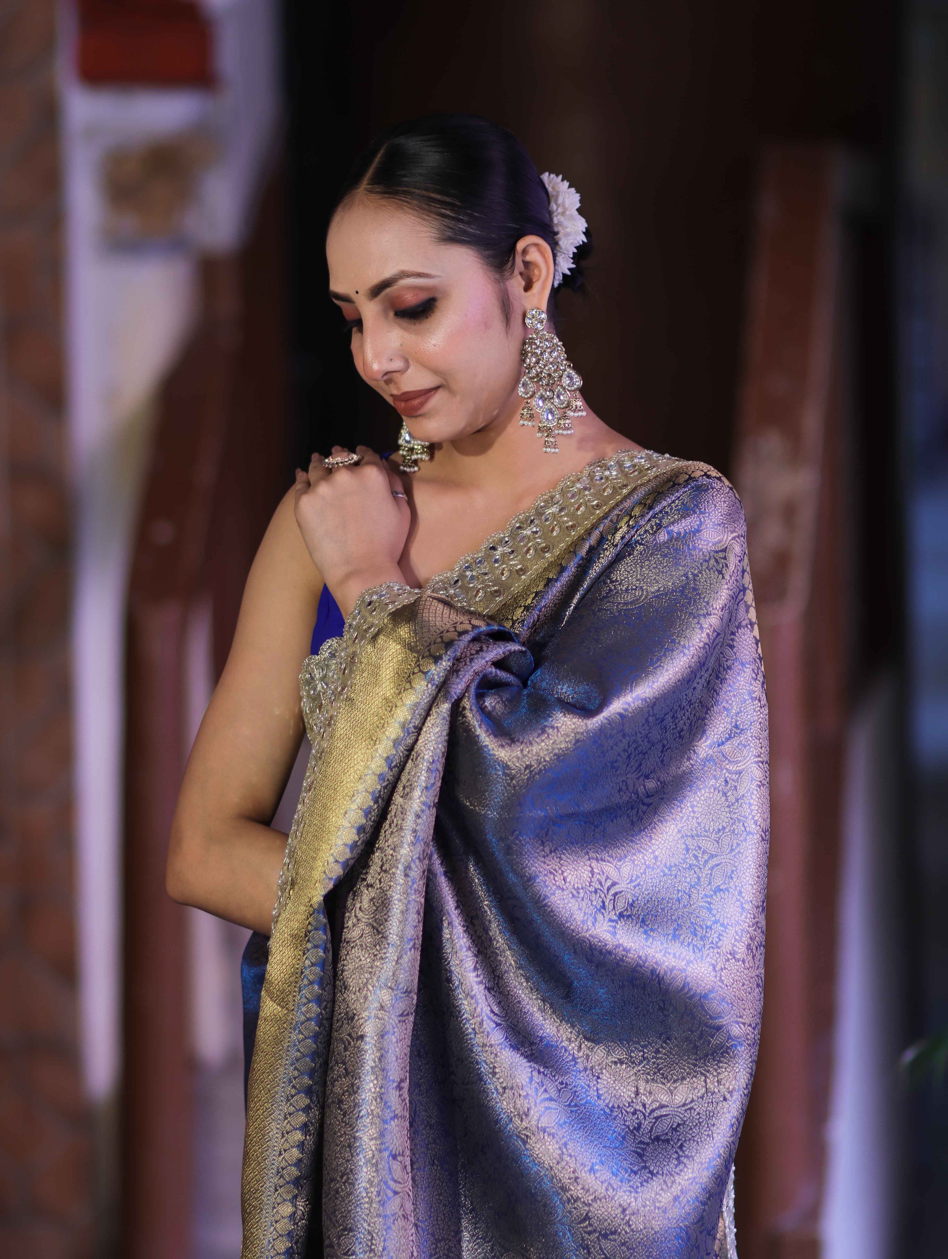 Banarasee Handloom Tissue Saree With Zari Woven Design & Contrast Lace Border-Blue