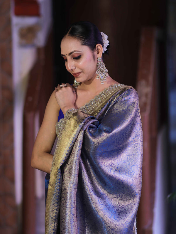 Banarasee Handloom Tissue Saree With Zari Woven Design & Contrast Lace Border-Blue