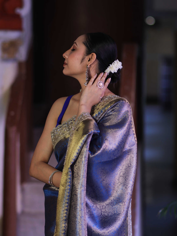 Banarasee Handloom Tissue Saree With Zari Woven Design & Contrast Lace Border-Blue