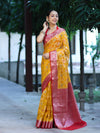 Banarasee Handwoven Georgette Saree With Meena Jaal Work & Contrast Border-Yellow & Red