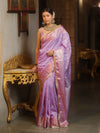 Banarasee Handwoven Semi Silk Saree With Gold Zari Border & Lace-Lavender