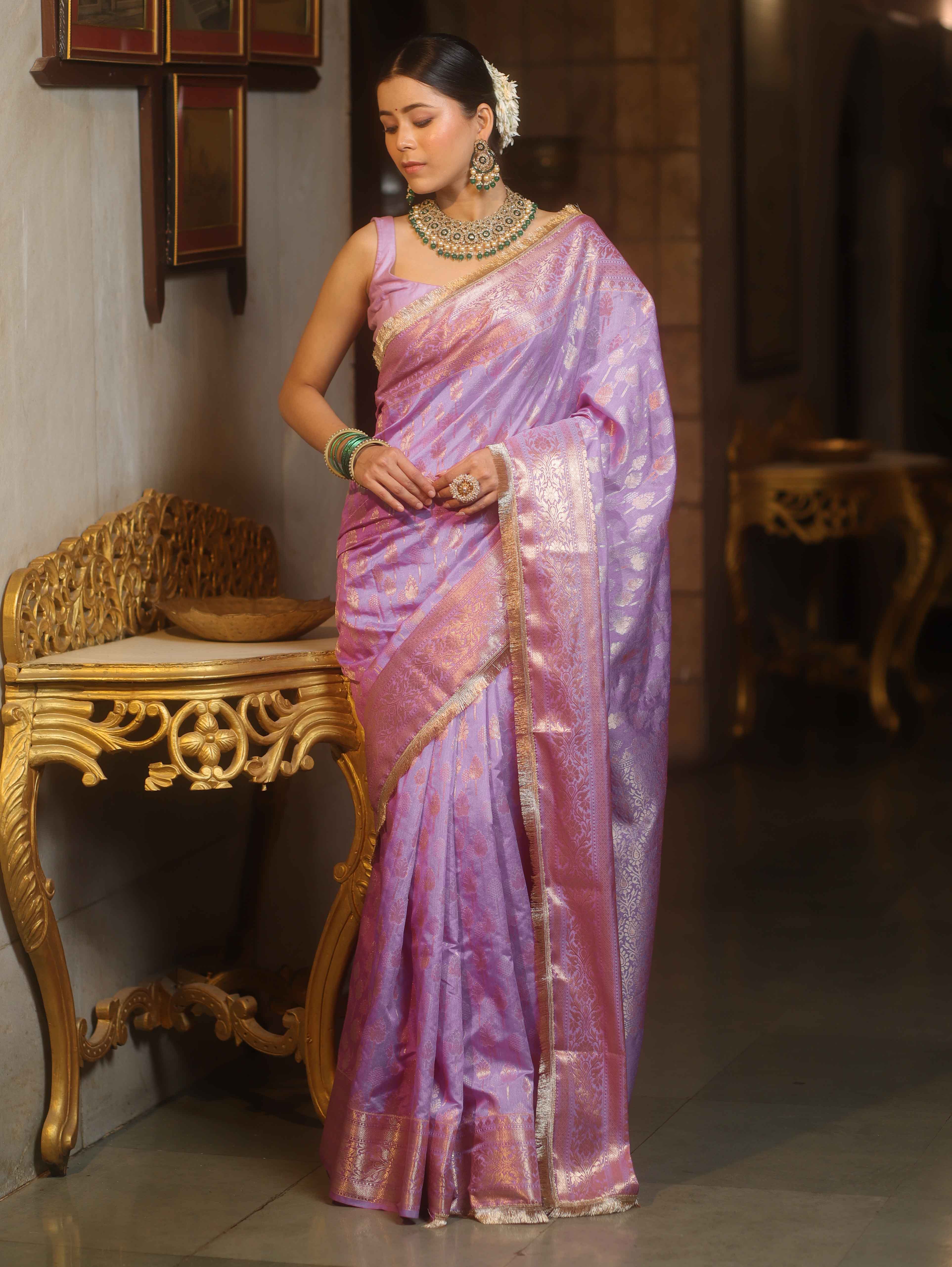 Banarasee Handwoven Semi Silk Saree With Gold Zari Border & Lace-Lavender