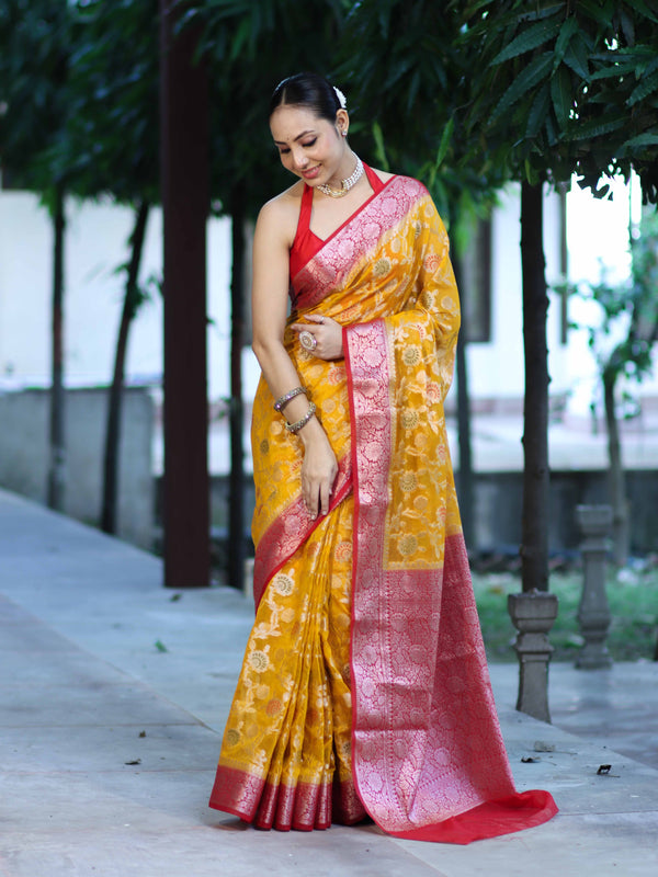 Banarasee Handwoven Georgette Saree With Meena Jaal Work & Contrast Border-Yellow & Red