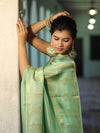 Banarasee Handwoven Soft Tissue Saree With Zari Border & Buti Design-Pastel Green